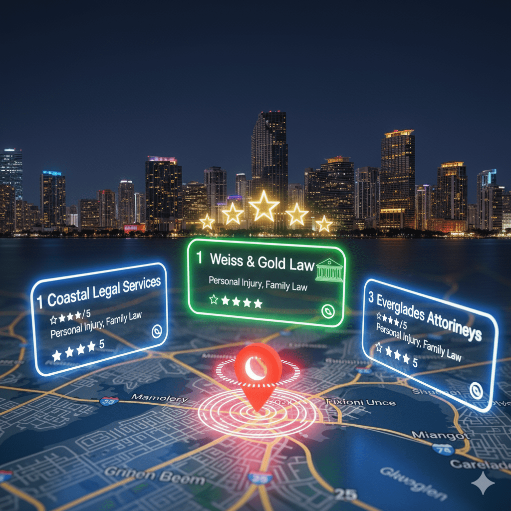 Google Map Pack with law firm listings in Miami glowing green.