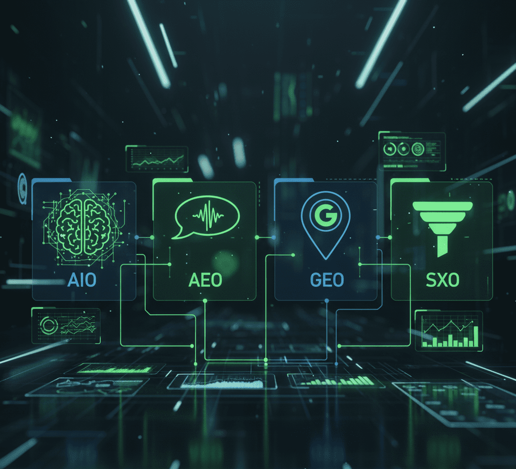 Tarasaka SEO approach – AIO, AEO, GEO, SXO icons.