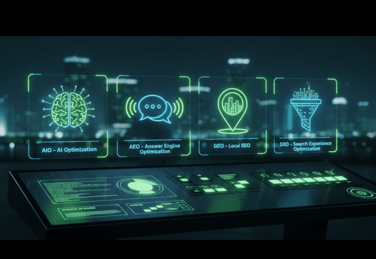 Tarasaka SEO approach – AIO, AEO, GEO, SXO represented as glowing holographic icons.