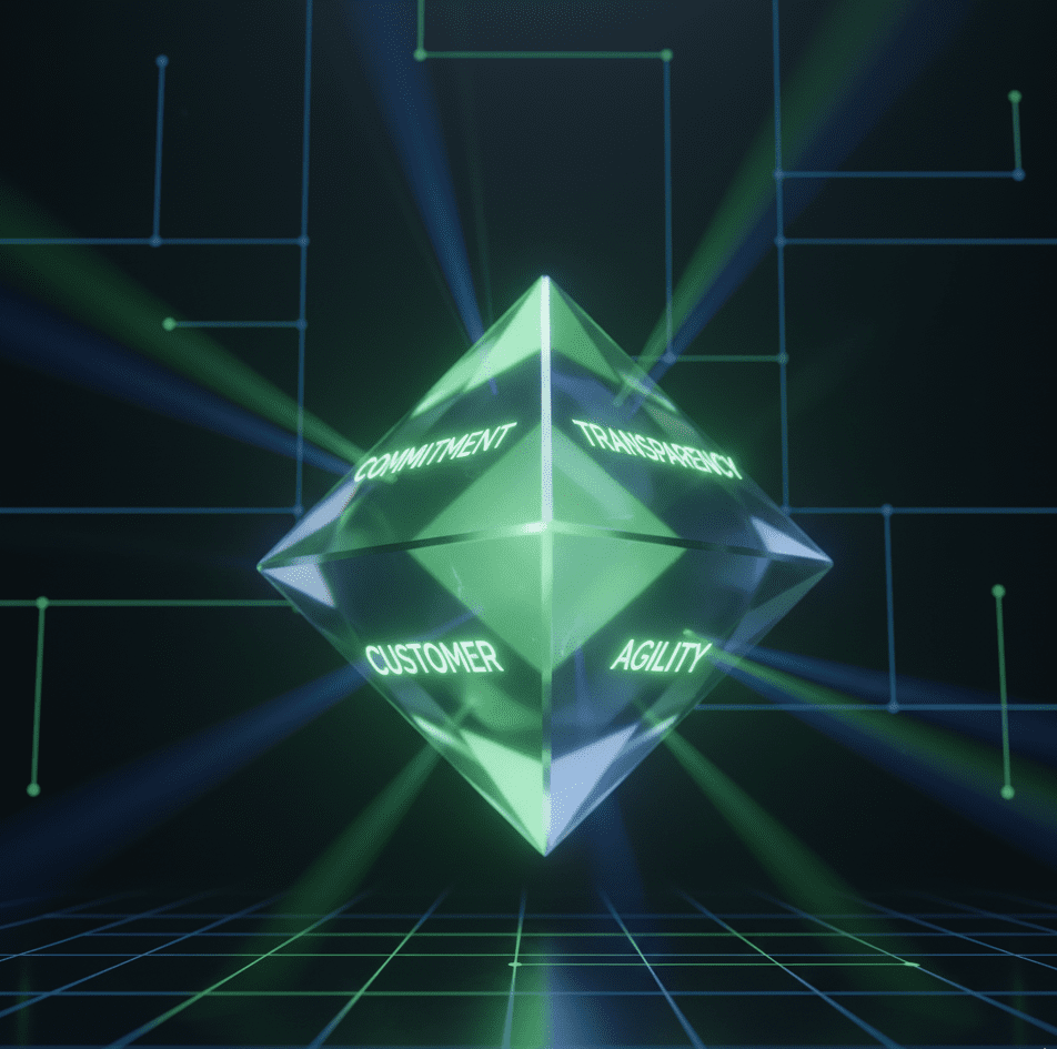 Tarasaka agency values represented as a glowing four-sided crystal: Commitment, Transparency, Agility, Customer Focus.