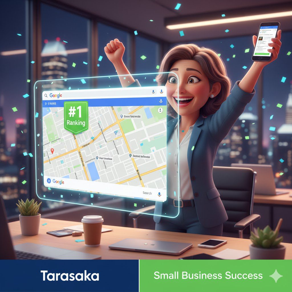 Small business owner celebrating while Google Map shows #1 ranking