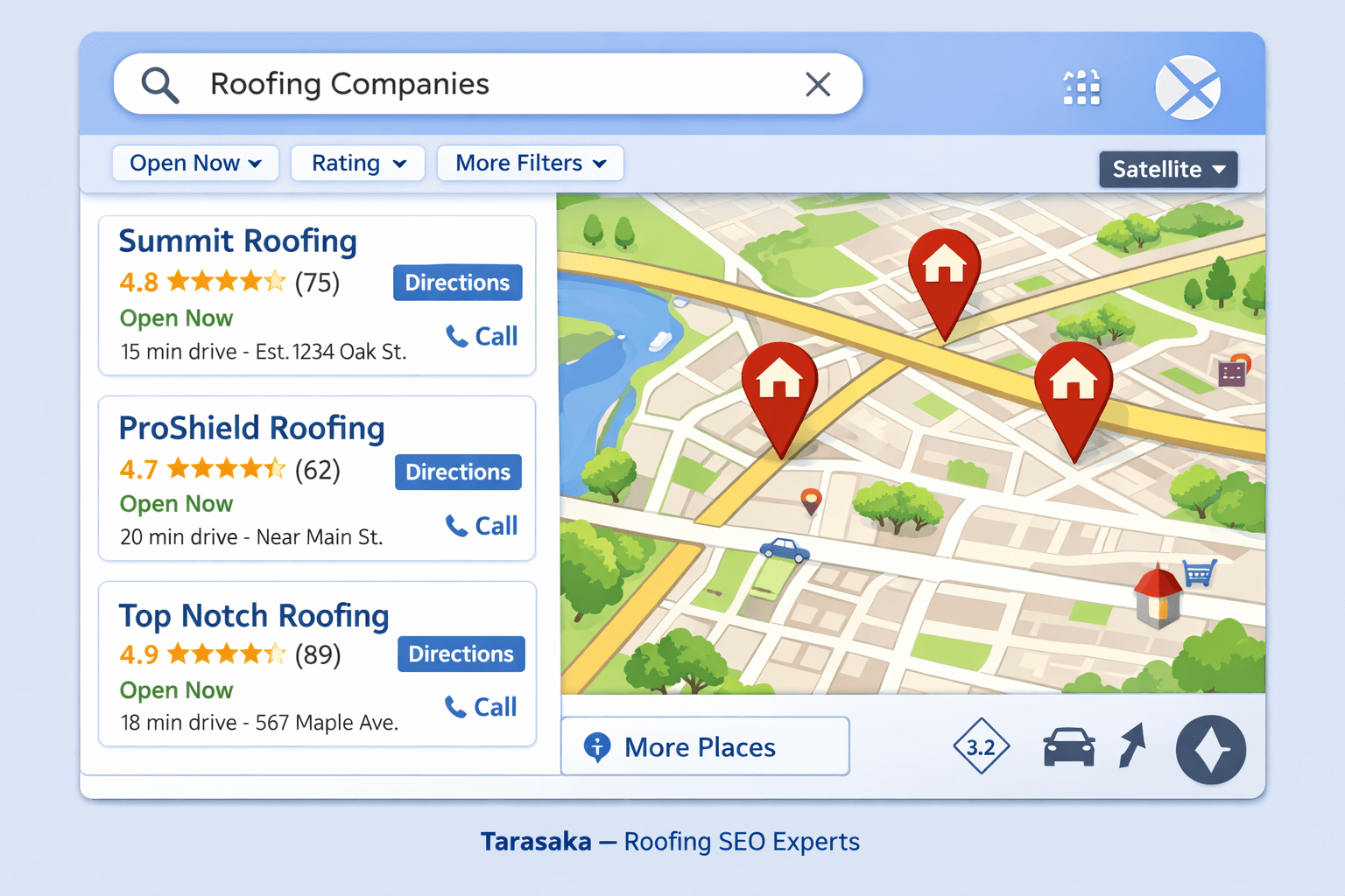 SEO for Roofing Contractors: 10 Proven Strategies to Rank Higher on Google 2 Google Maps showing roofing businesses