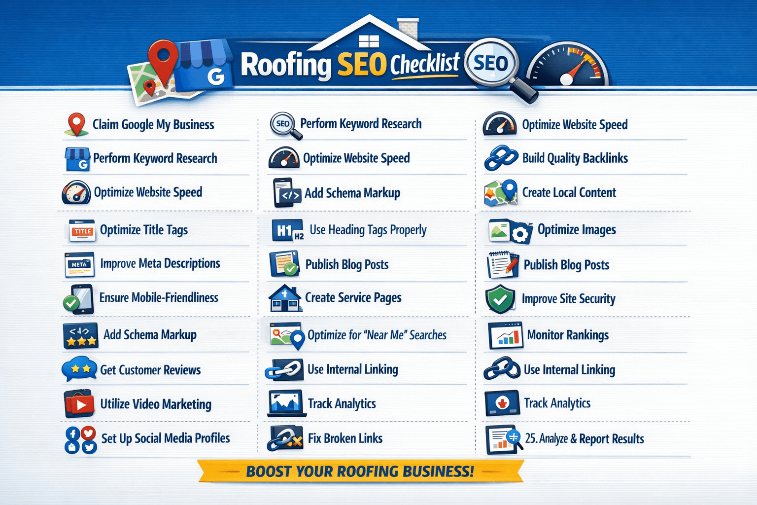 Roofing SEO Checklist: 25 Steps to Rank Your Roofing Company on Google 1 Roofing SEO checklist infographic.