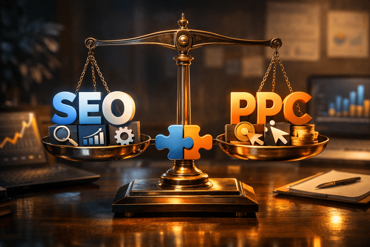 Law Firm SEO vs PPC: Which Generates More Legal Clients in 2026? 4 Balanced scale showing SEO and PPC
