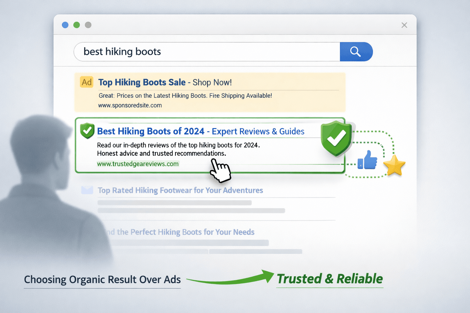 Law Firm SEO vs PPC: Which Generates More Legal Clients in 2026? 3 User choosing organic result over ad